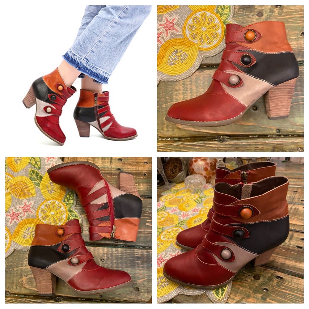 Gracosy Side Zipper Button Detail Colorful Block Heel Leather Boots